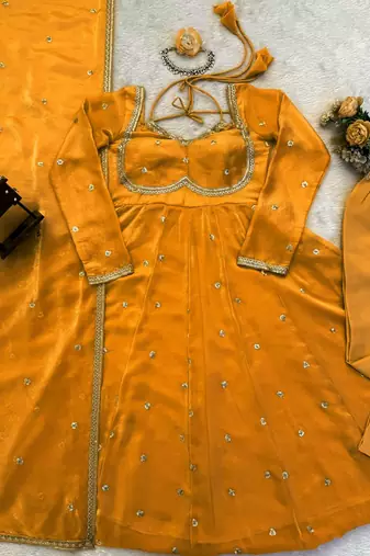 yellow silk blend anarkali suit with dupatta