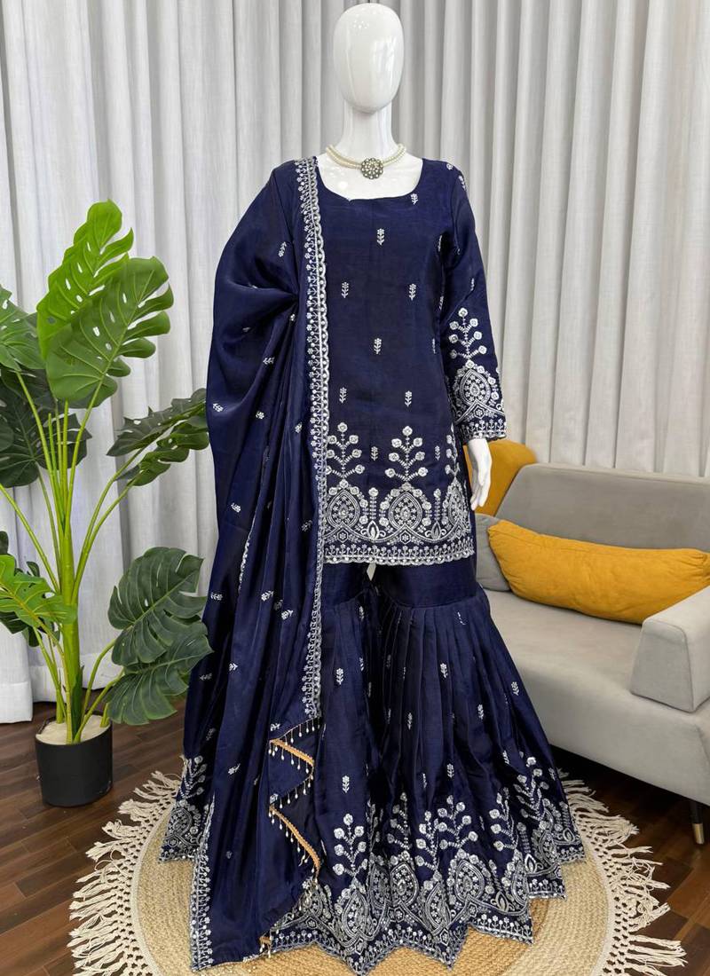 blue silk blend salwar suit with dupatta