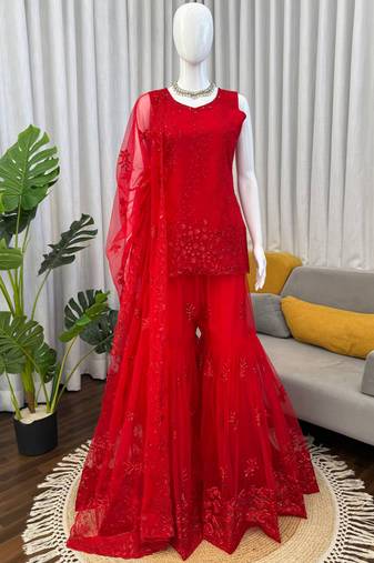 red soft net salwar suit with dupatta