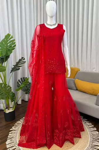 red soft net salwar suit with dupatta