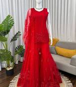 red soft net salwar suit with dupatta
