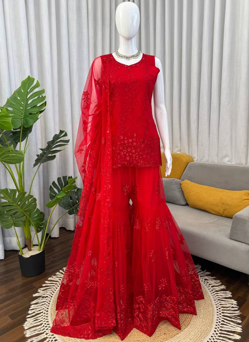 red soft net salwar suit with dupatta