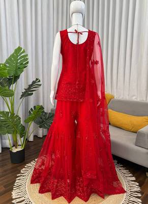 red soft net salwar suit with dupatta 2