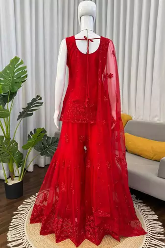 red soft net salwar suit with dupatta