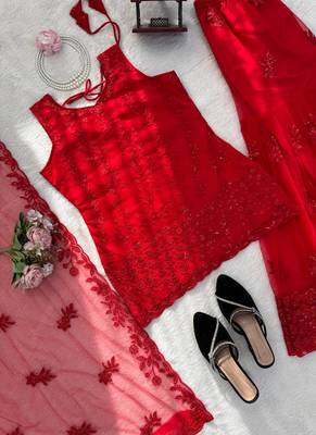 red soft net salwar suit with dupatta 3