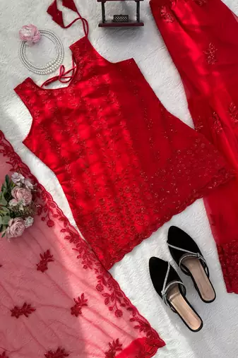 red soft net salwar suit with dupatta