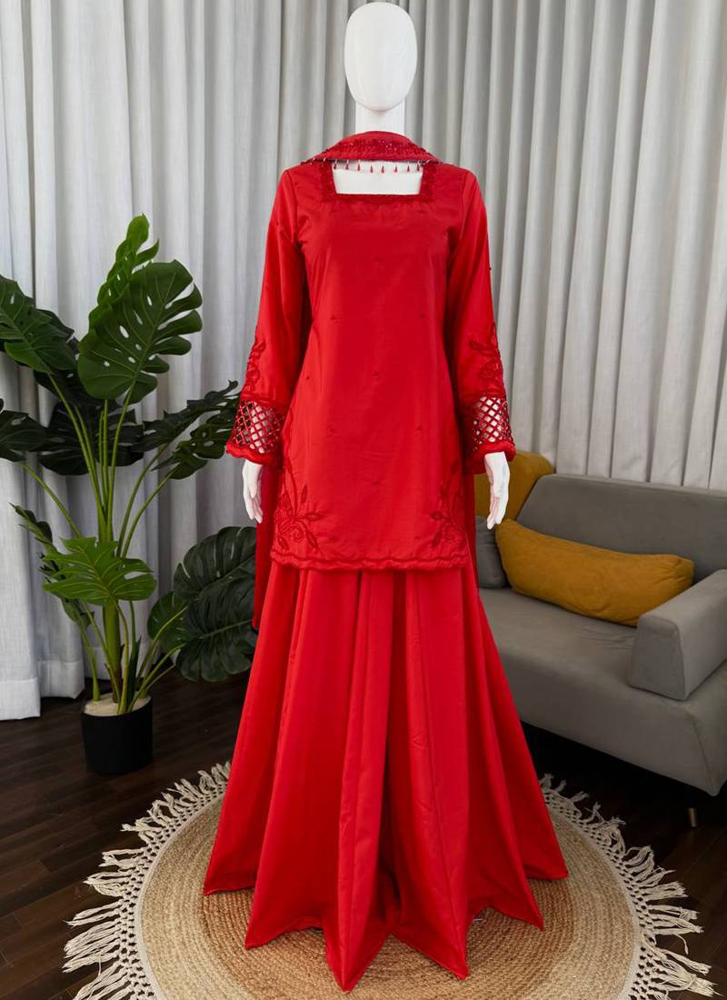 red silk blend salwar suit with dupatta