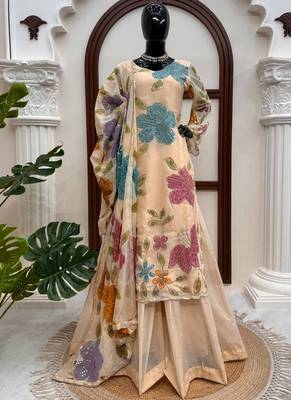 beige organza silk blend salwar suit with dupatta 1