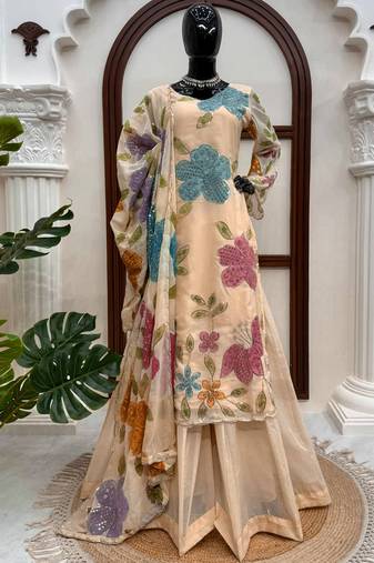 beige organza silk blend salwar suit with dupatta