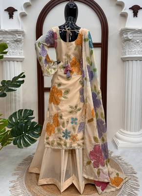 beige organza silk blend salwar suit with dupatta 2