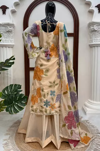 beige organza silk blend salwar suit with dupatta