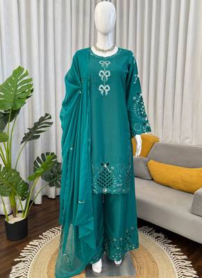 turquoise crepe salwar suit with dupatta 1