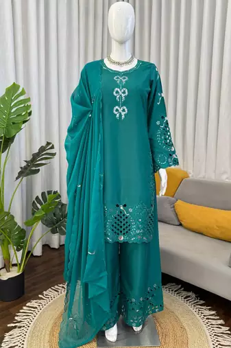 turquoise crepe salwar suit with dupatta