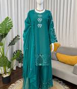 turquoise crepe salwar suit with dupatta