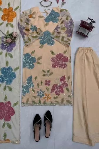 beige organza silk blend salwar suit with dupatta