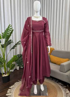 wine silk blend anarkali suit with dupatta 1
