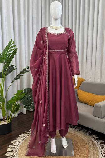 wine silk blend anarkali suit with dupatta