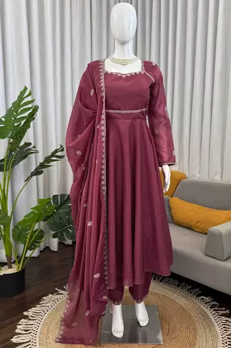 wine silk blend anarkali suit with dupatta