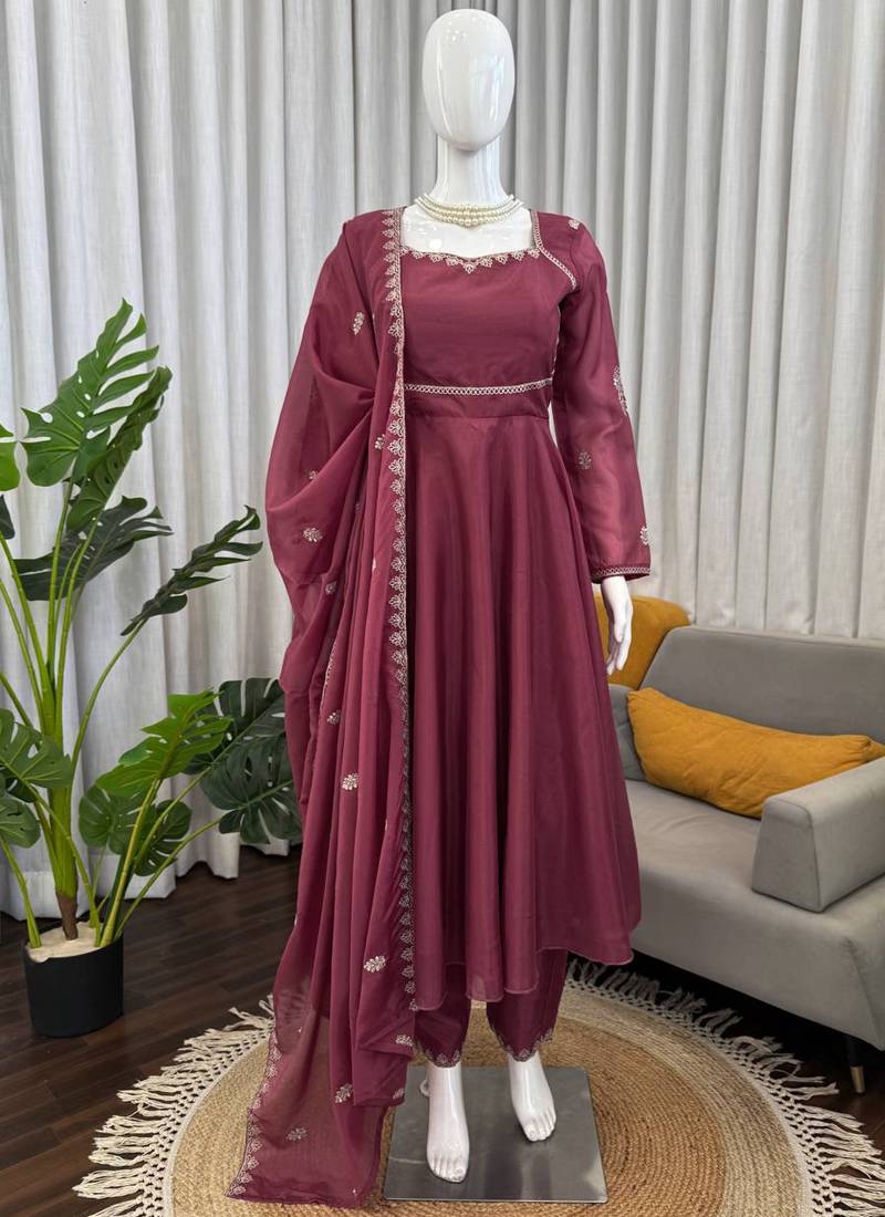 wine silk blend anarkali suit with dupatta