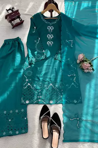 turquoise crepe salwar suit with dupatta
