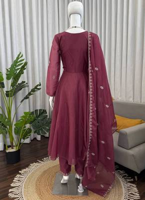 wine silk blend anarkali suit with dupatta 2