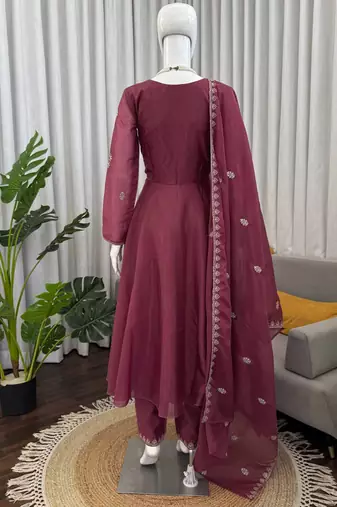wine silk blend anarkali suit with dupatta