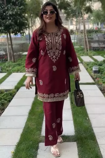 maroon rayon kurti bell bottom