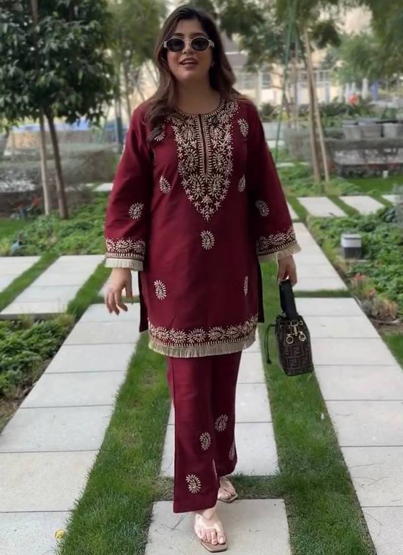 maroon rayon kurti bell bottom