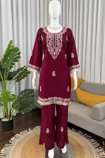 maroon rayon kurti bell bottom