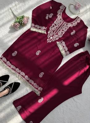 maroon rayon kurti bell bottom 3