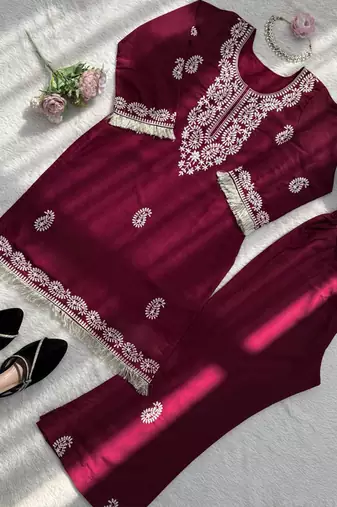 maroon rayon kurti bell bottom