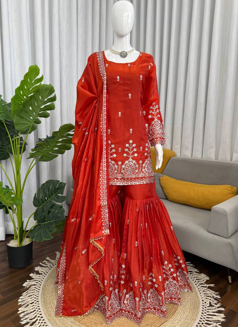 orange silk blend salwar suit with dupatta