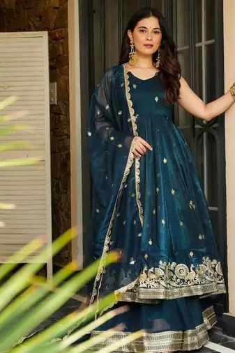 teal blue embroidered sharara suit set with dupatta