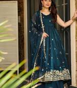 teal blue embroidered sharara suit set with dupatta