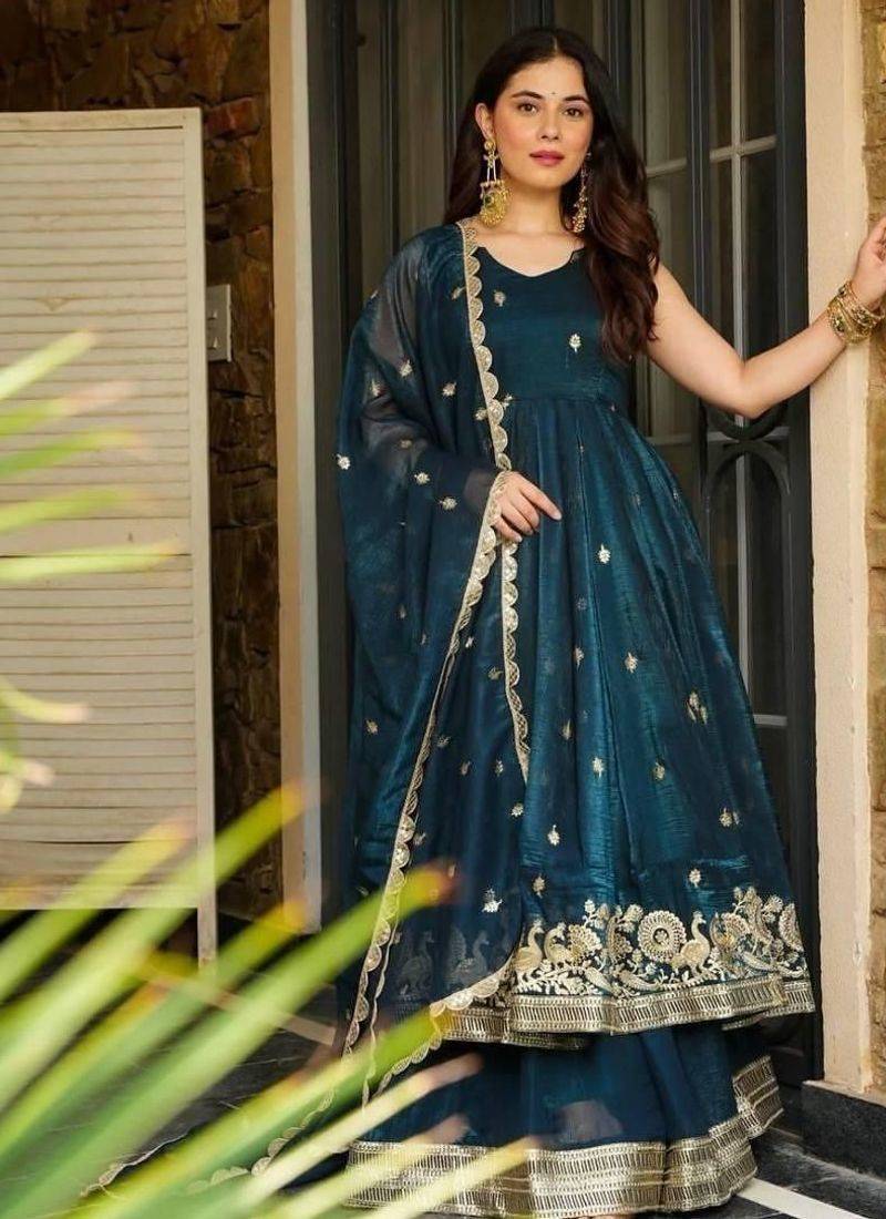 teal blue embroidered sharara suit set with dupatta