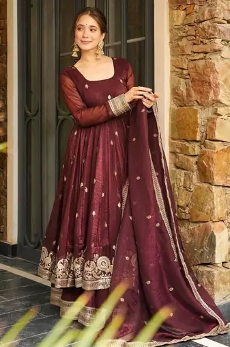 wine embroidered sharara suit set with dupatta