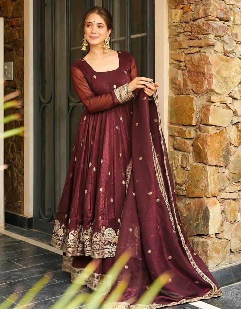 wine embroidered sharara suit set with dupatta