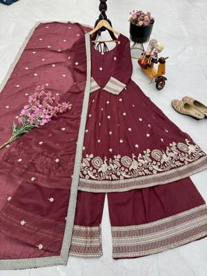 wine embroidered sharara suit set with dupatta 3