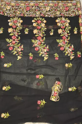 Black georgette embroidered saree with belt kashmiri thread work festive wear designer saree