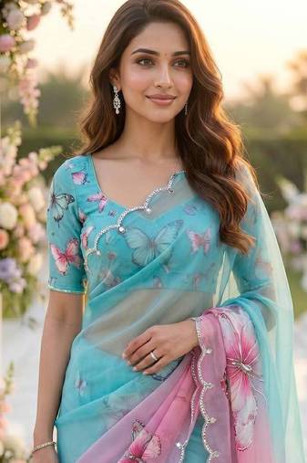Blue Color Digital Print And Real Mirror Work Silk Blend Saree