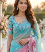 Blue Color Digital Print And Real Mirror Work Silk Blend Saree