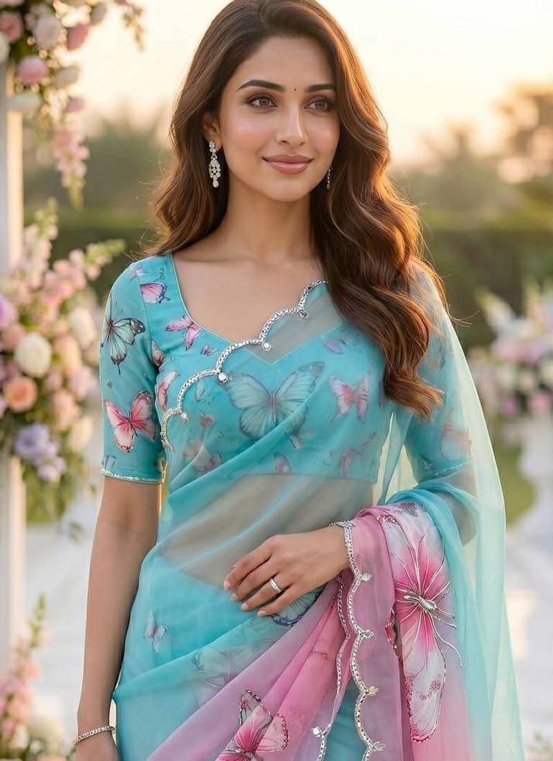Blue Color Digital Print And Real Mirror Work Silk Blend Saree