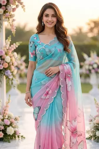 Blue Color Digital Print And Real Mirror Work Silk Blend Saree