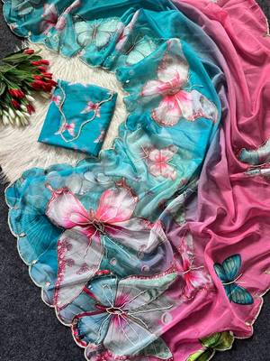 Blue Color Digital Print And Real Mirror Work Silk Blend Saree 3