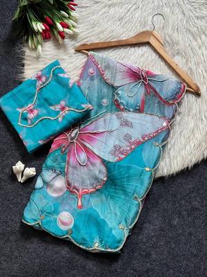 Blue Color Digital Print And Real Mirror Work Silk Blend Saree 5