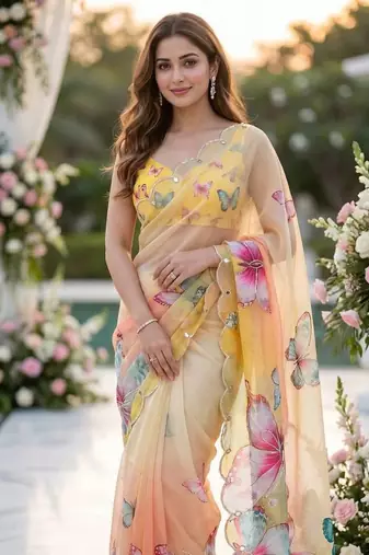 Yellow Color Digital Print And Real Mirror Work Silk Blend Saree