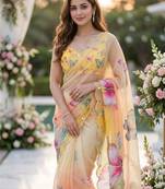 Yellow Color Digital Print And Real Mirror Work Silk Blend Saree