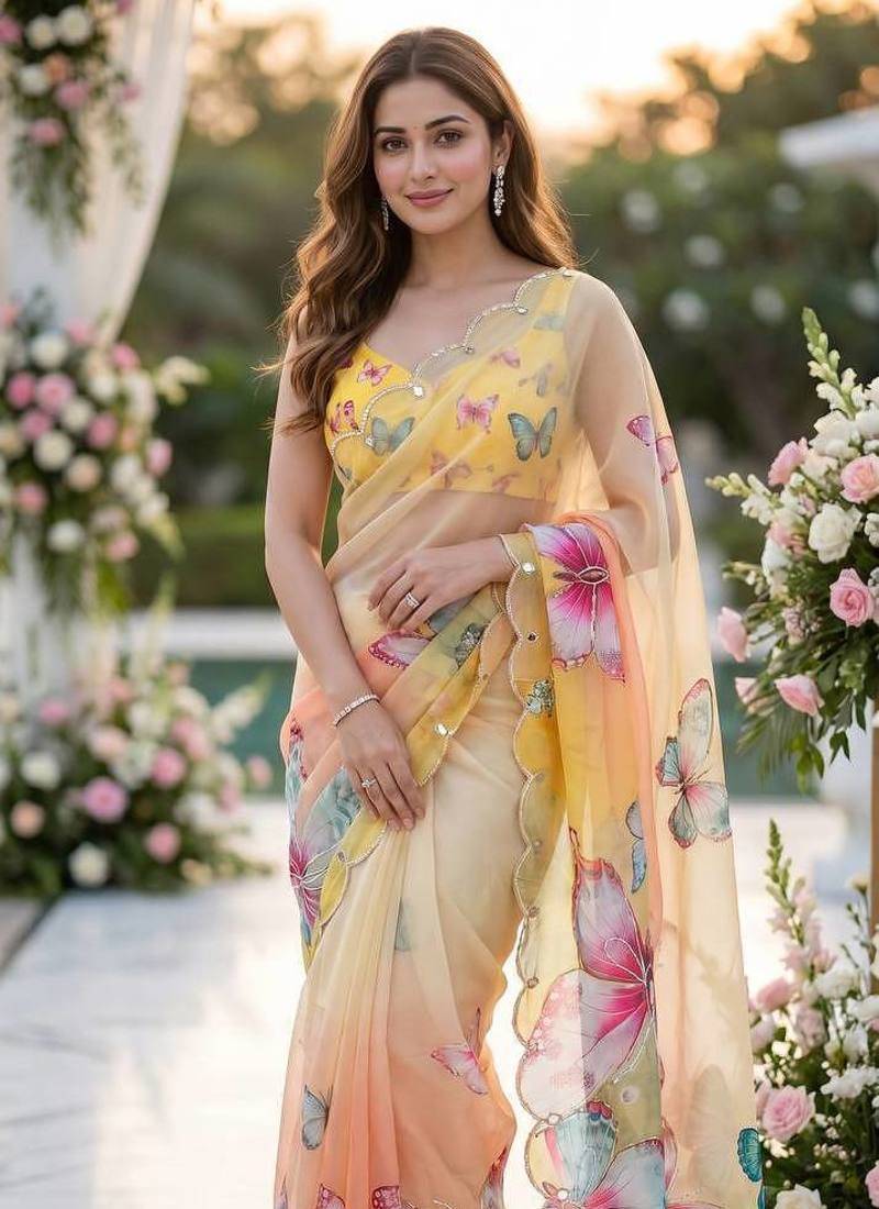 Yellow Color Digital Print And Real Mirror Work Silk Blend Saree