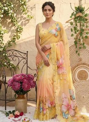 Yellow Color Digital Print And Real Mirror Work Silk Blend Saree 2