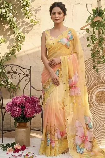 Yellow Color Digital Print And Real Mirror Work Silk Blend Saree